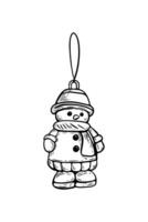 Christmas sketch in vintage style, engraving, line drawing black and white snowman toy. vector