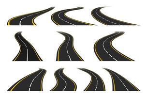 Set of various road curves, turns and bends stretching into the horizon. Winding highway with yellow and white markings isolated on a white background. illustration in simple flat style vector