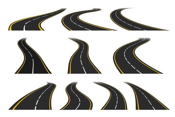 Set of various road curves, turns and bends stretching into the horizon. Winding highway with yellow and white markings isolated on a white background. illustration in simple flat style