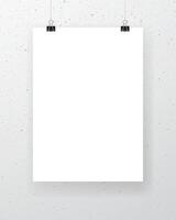Blank paper sheet hanging on binder clips with white textured wall on background. Vertical poster template for advertising design, party invitation, business presentation. Realistic mockup vector
