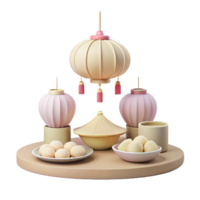 3D Rendered Festive Table Setting with Lanterns, Bowls, and Eggs png