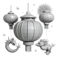 3D Render of Chinese Lanterns and Mythical Creatures png