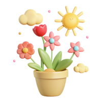 Cute 3D Flower Pot with Smiling Sun and Clouds png