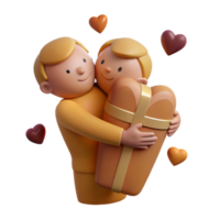Cute 3D Cartoon Characters Hugging a Gift Box with Hearts png