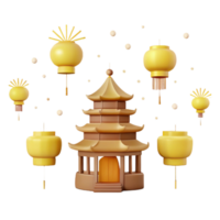 3D Rendering of a Pagoda with Hanging Lanterns png