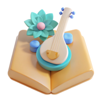3D Render of an Open Book with a Musical Instrument and a Flower png
