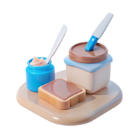 3D Rendered Illustration of a Toast with Chocolate Spread and Two Jars of Cream png