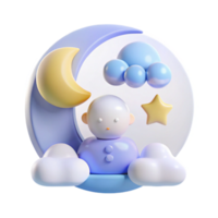 3D Illustration of a Baby Sleeping on the Moon with Clouds and Stars png