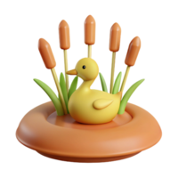 3D Render of a Yellow Duck in a Pond with Cattails png