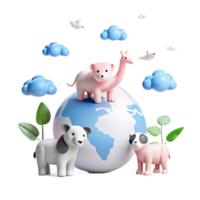 Cute Animals on Earth 3D Rendered Illustration png