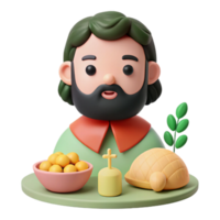 3D Character with a Beard and Cross Sitting at a Table with Food png