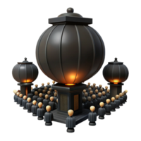 3D Rendered Scene of People Surrounding a Large Black Dome with Smaller Domes on Either Side png