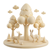 3D Rendered Scene with Trees, Deer, and Rabbit png