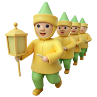 3D Cartoon Characters Holding Lanterns in a Line png