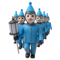 3D Cartoon Characters in Blue Uniforms Marching with a Lantern png