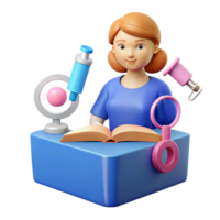 3D Cartoon Woman Student Studying with Microscope, Book, and Magnifying Glass png