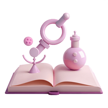 öffnen Buch mit 3d Wissenschaft Objekte Flasche, Vergrößerung Glas, und Ball png