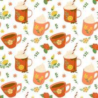 Seamless pattern of floral tea cups and mugs of hot beverages with whipped cream, surrounded by flowers and leaves isolated on white background vector