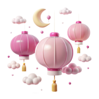 Pink Lanterns Hanging in the Clouds with a Crescent Moon png