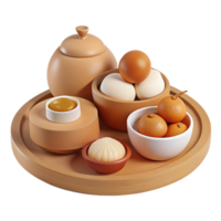 3D Rendered Still Life of Various Foods on Wooden Tray png