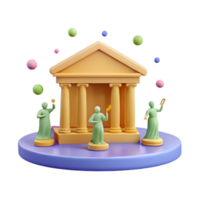 3D Rendered Illustration of a Temple with Figures and Floating Colorful Spheres png