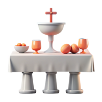 3D Rendered Table Setting with Cross, Chalice, and Fruit png