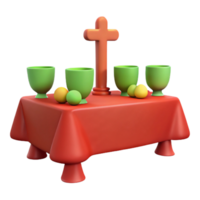3D Render of a Table with a Cross, Goblets, and Fruit png
