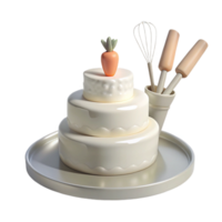 Three Tier Cake with Carrot Topper and Baking Utensils png