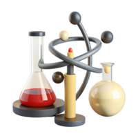 3D Render of a Science Experiment with Beakers and Atomic Model png
