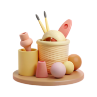 3D Render of a Desk Organizer with a Basket, Pens, and Decorative Objects png
