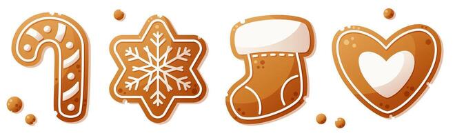 A large set of gingerbread cookies of different shapes. Christmas lollipop, snowflake, sock, heart. Christmas gingerbread, New Year cookies decorated with white icing. vector