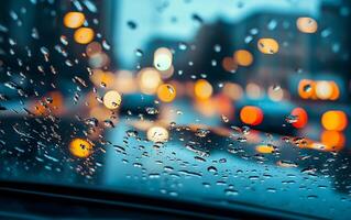 Blurred city lights through a rain-covered car windshield, creating a vibrant bokeh effect with orange and yellow circles against a dark blue background photo