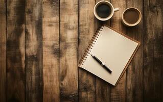 Cozy workspace setup on wooden table with coffee cups, blank notebook, and pen, perfect for brainstorming or creative writing photo