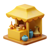 3D Render of a Small Market Stall with Various Pots and Vases png