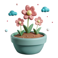 3D Rendered Flower Pot with Pink Flowers and Clouds png