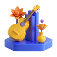 3D Render of a Guitar, Flowers, and a Vase on a Blue Platform png