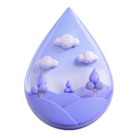 3D Render of a Water Drop with Clouds, Trees, and Hills in a Purple Color Scheme png