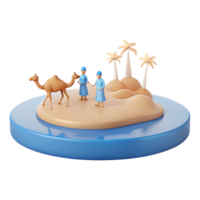 3D Render of Desert Oasis with Palm Trees, Camel, and Figures png