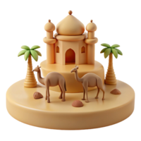 3D Render of a Desert Oasis with a Mosque and Camels png