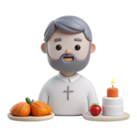 3D Character Illustration Man with Cross, Candle, Fruits, and Vegetables png