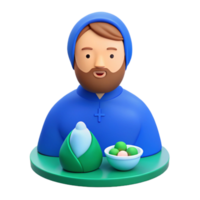 3D Render of a Man with a Beard Wearing a Blue Robe and Holding a Dish of Green and Pink Balls png