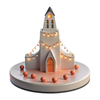 3D Render of a Church with String Lights and Eggs Around It png