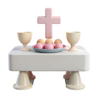 3D Render of a Table with a Cross, Eggs, and Chalices png
