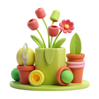3D Render of Flowers in Pots on a Green Platform png