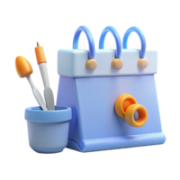 3D Rendered Blue Calendar with Paintbrushes and Pot png