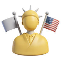 3D Illustration of a Person with a Statue of Liberty Crown, Holding Flags png