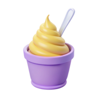 3D Render of Yellow Soft Serve Ice Cream in Purple Cup with Spoon png