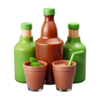 Clay Pots with Refreshing Drinks and Green Bottles png