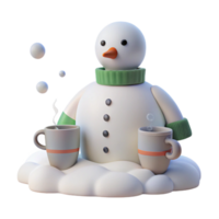 Smiling Snowman Holding Two Cups of Hot Cocoa on Snowy Cloud png