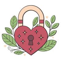 Romantic heart shaped lock with leaves in flat design vector
